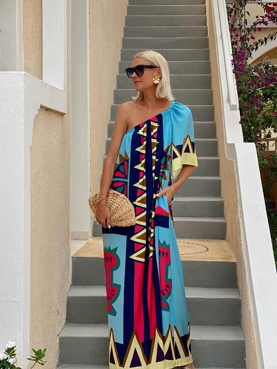 Blue Abstract Printed One Shoulder Sleeve Dress