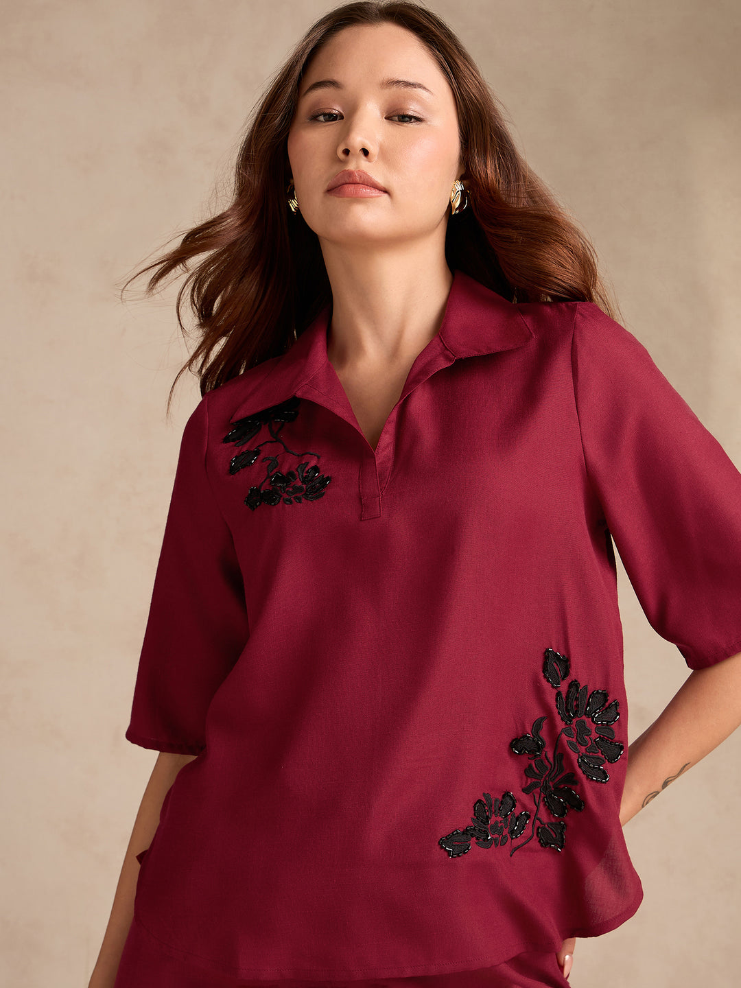 Red Coord Set With Relaxed Fit Embroidered Top & Wide Leg Trouser