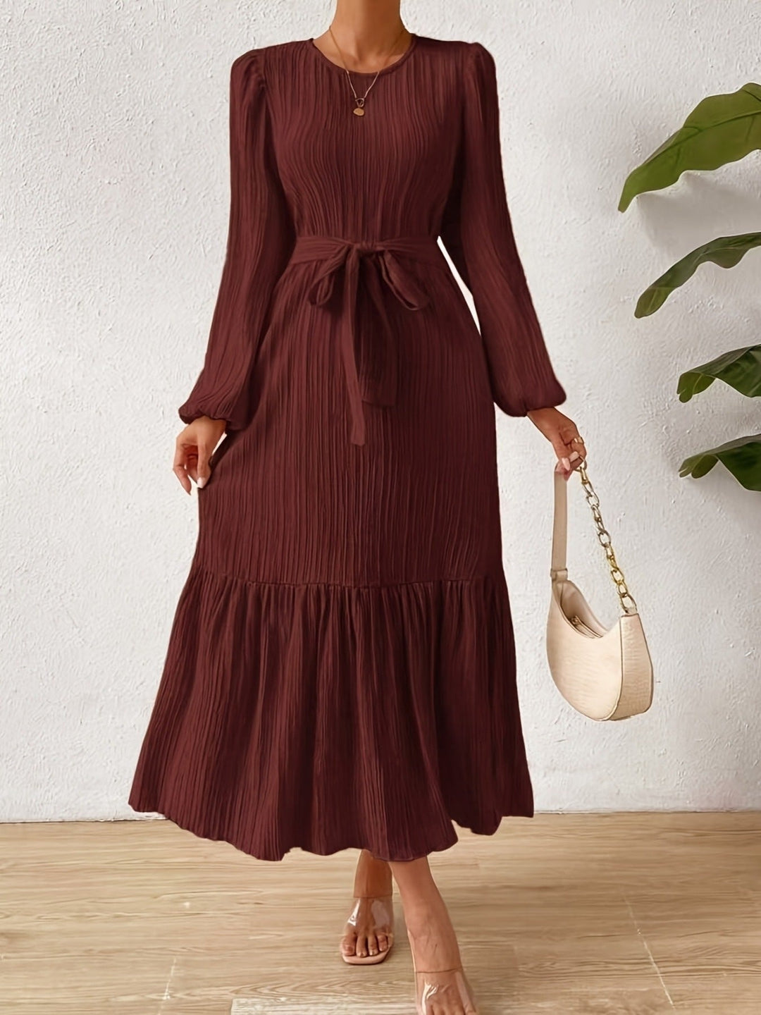 Brown Full Sleeve Round Neck Ruffle Hem Dress
