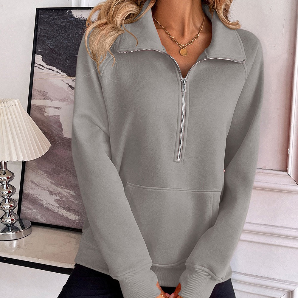 Grey Half Zip Sweatshirt With Pockets