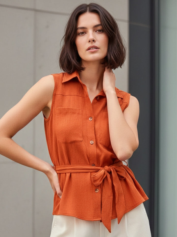 Rust Sleeveless Shirt With Pocket And Tie Up Detail
