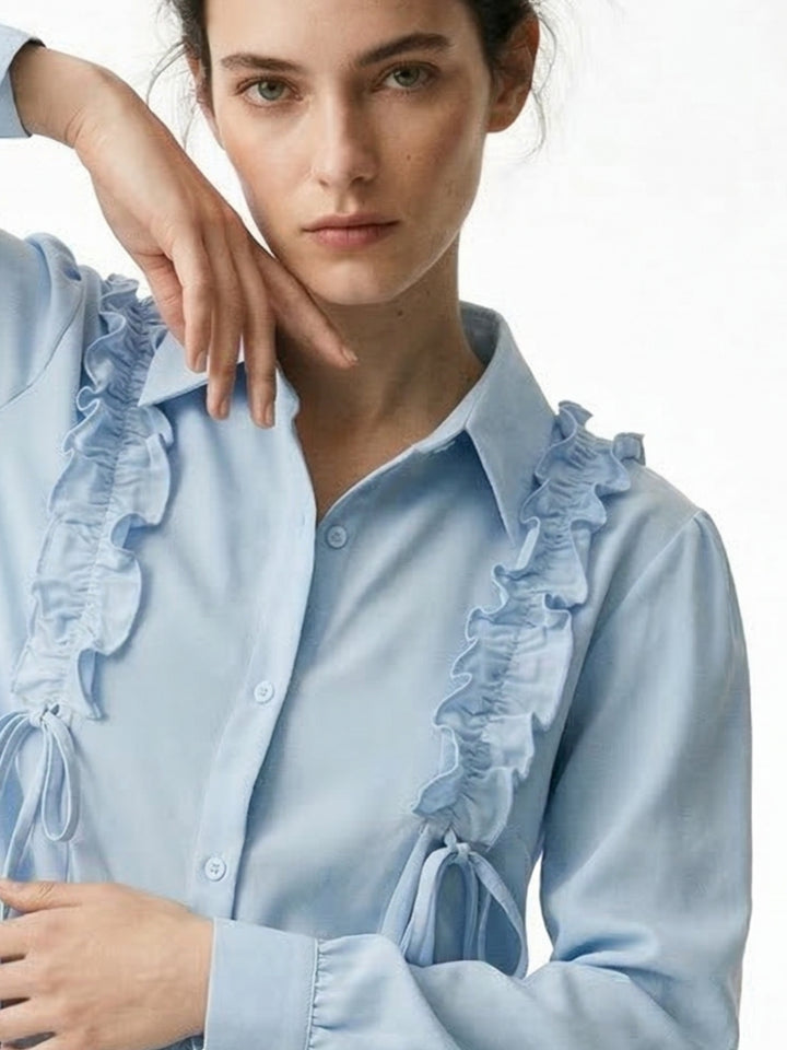 Light Blue Ruffle Detail Collared Top