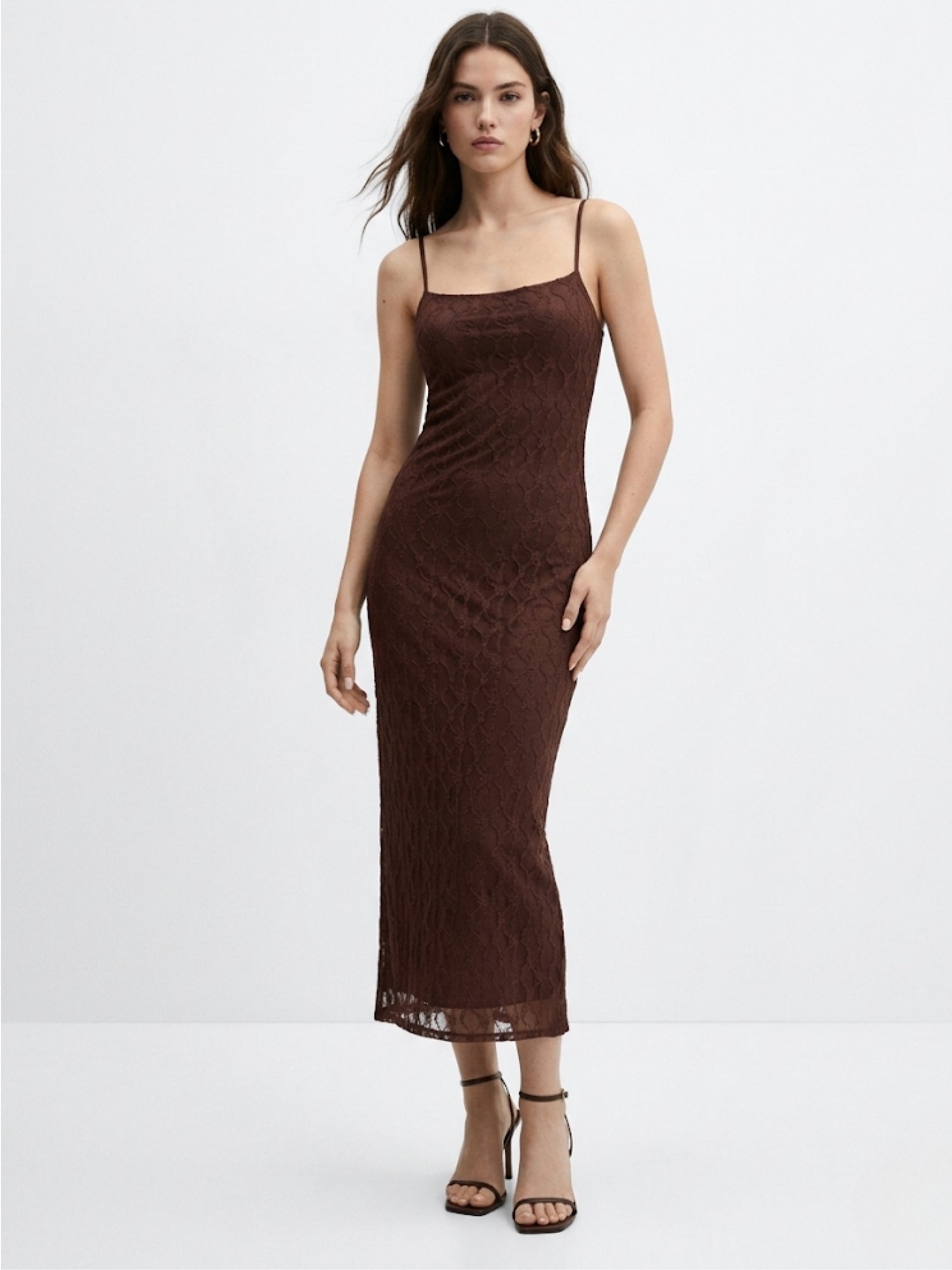 Brown Spaghetti Strap Textured Dress