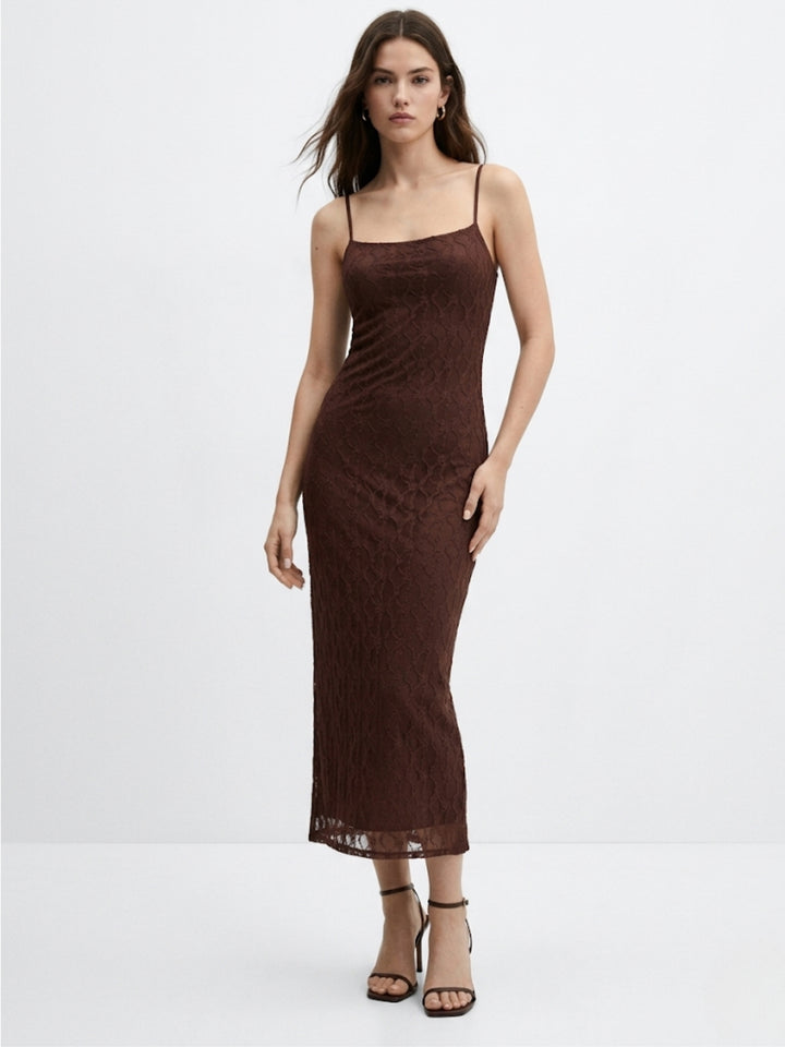 Brown Spaghetti Strap Textured Dress