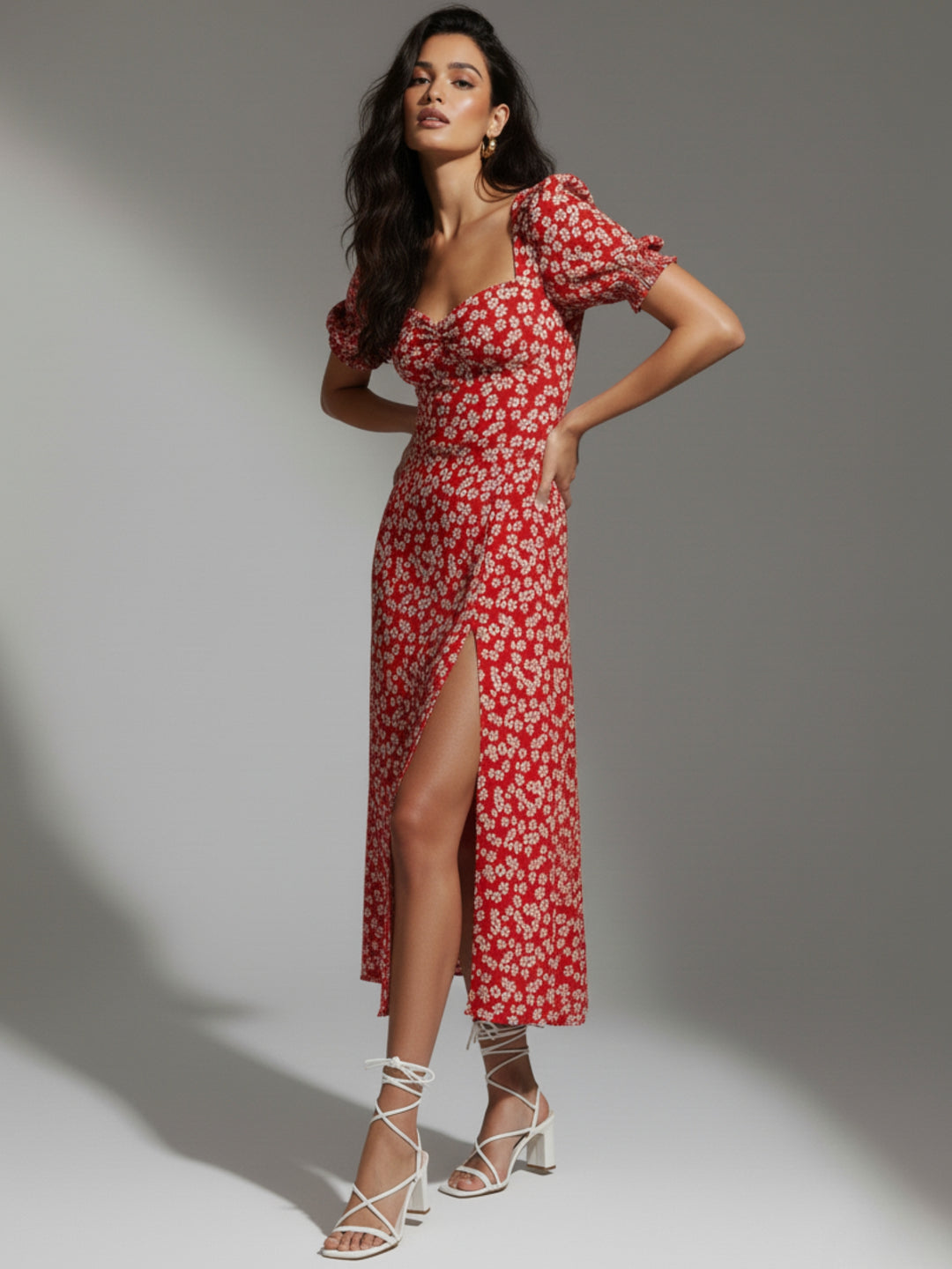 Red Sweetheart Neckline Printed Puff Sleeves Dress