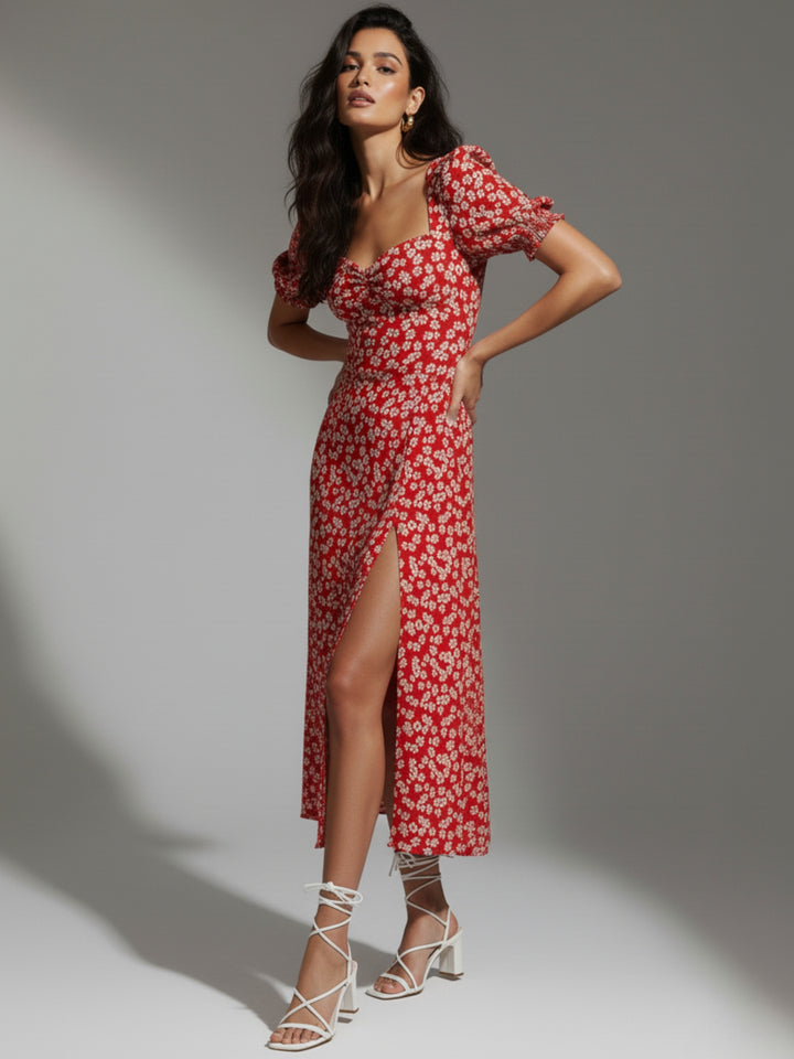 Red Sweetheart Neckline Printed Puff Sleeves Dress