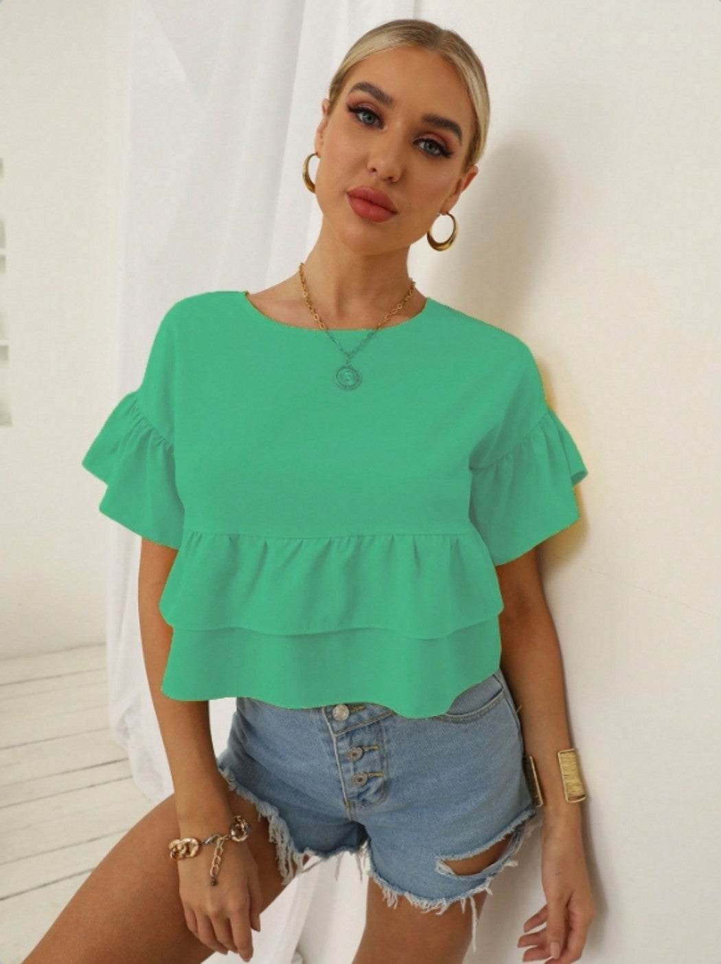 Green Ruffle Hem Peplum Top