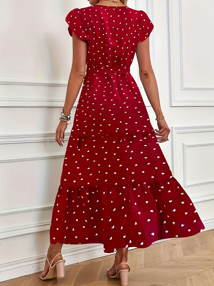 Red Wrap Tiered Flared Dress