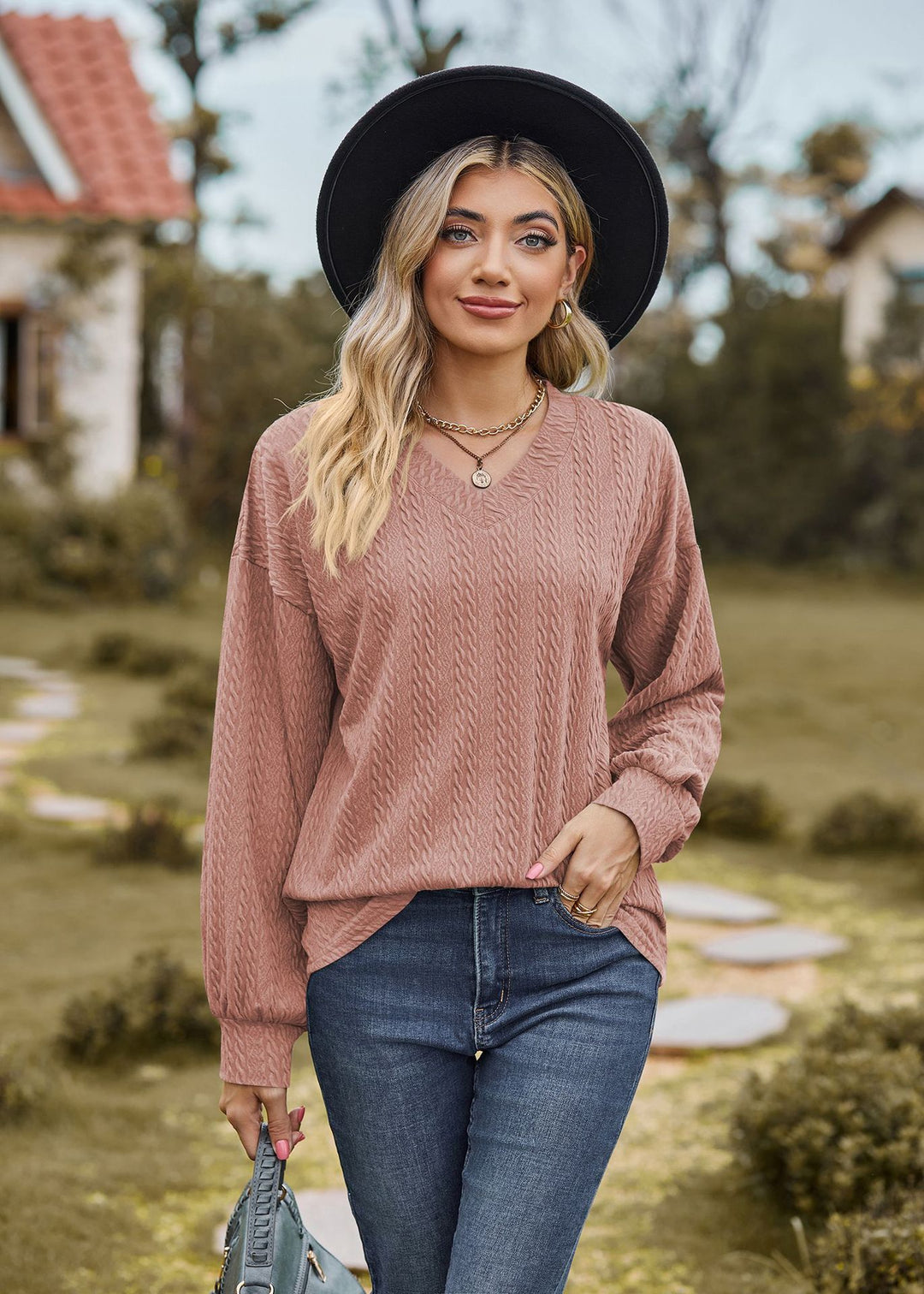 Nude Bishop Sleeve V Neck Sweatshirt