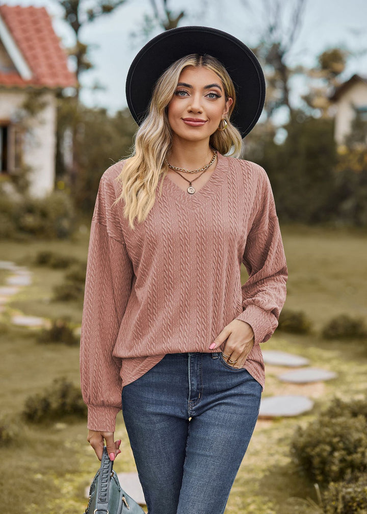 Nude Bishop Sleeve V Neck Sweatshirt