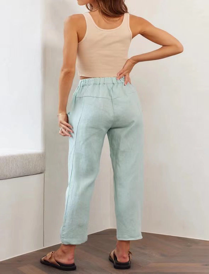 Blue Waist Tie Up Narrow Leg Trouser