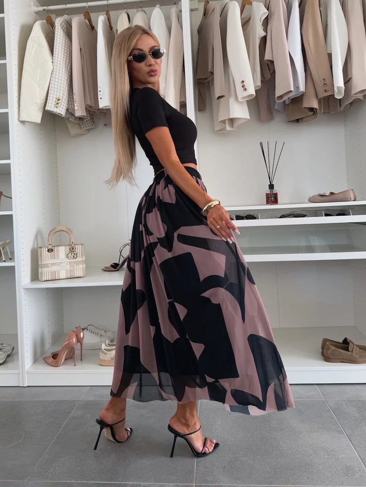 Black Printed Pleated Flowy Skirt