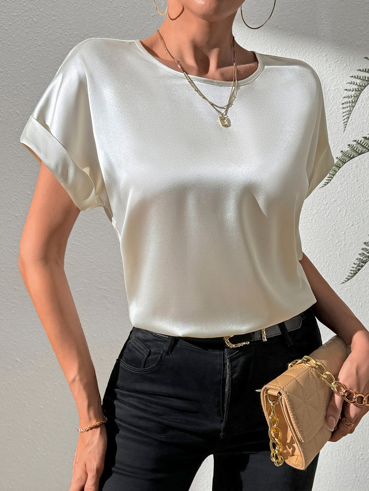 Off White Folded Hem Crew Neck Top