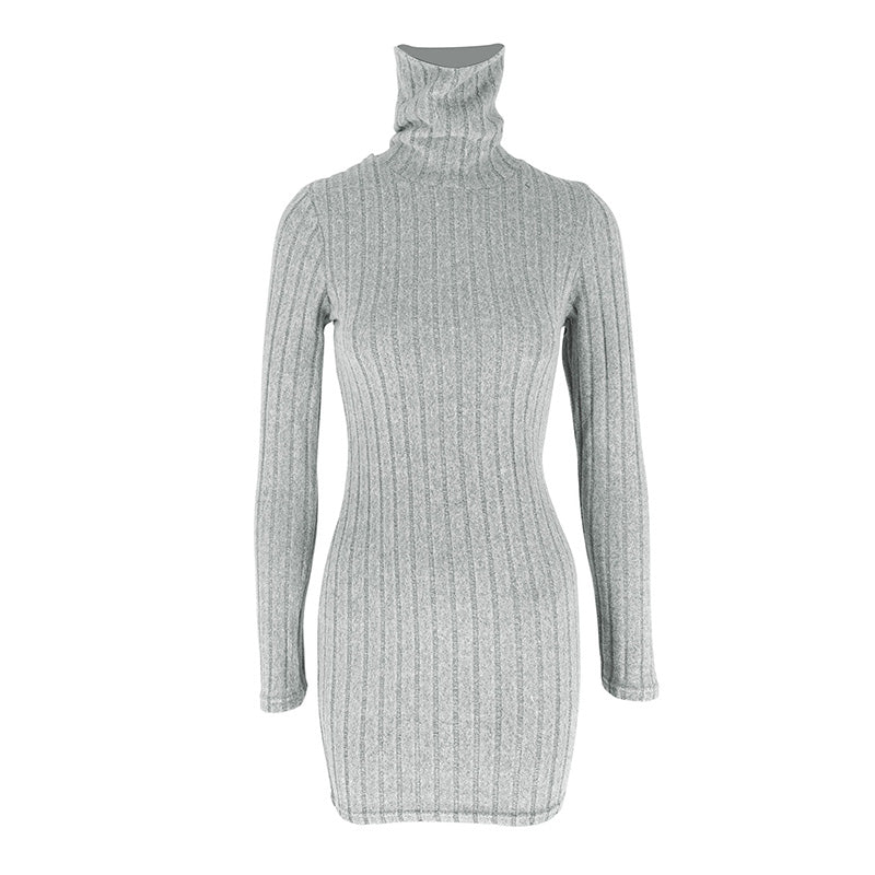 Grey High Neck Wide Ribbed Dress