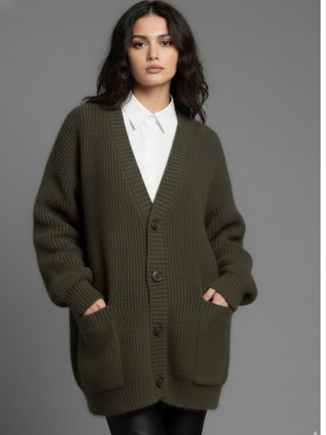 Olive Full Sleeve Double Pockets Slouchy Cardigans