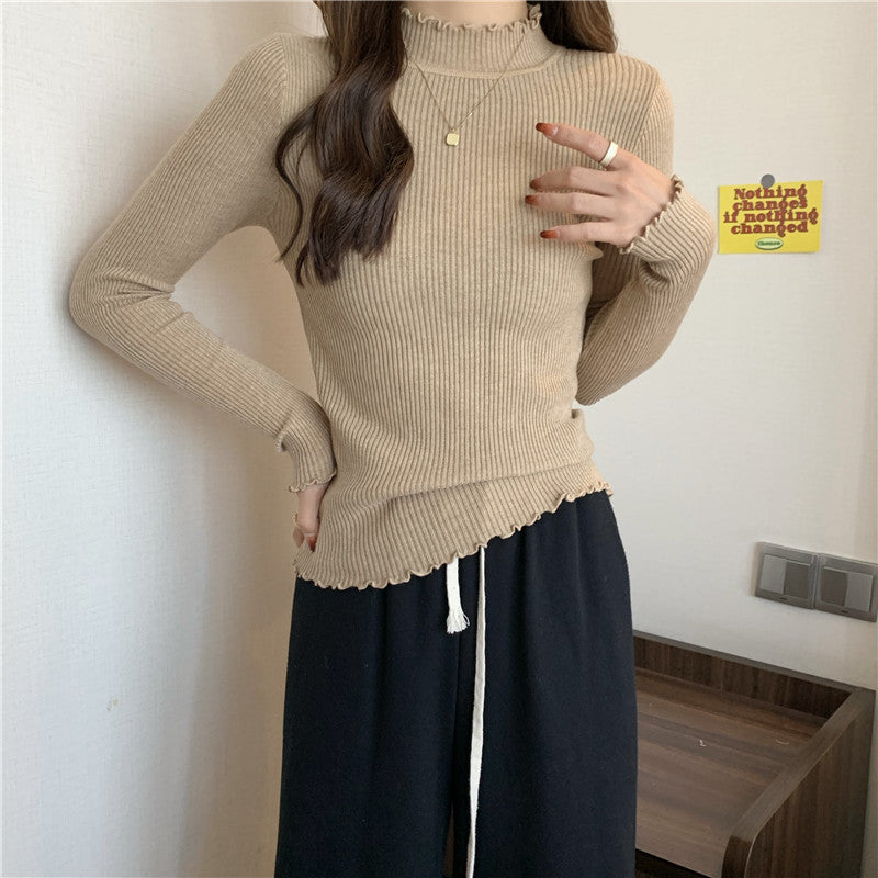 Khaki Scalloped Hem High Neck Top