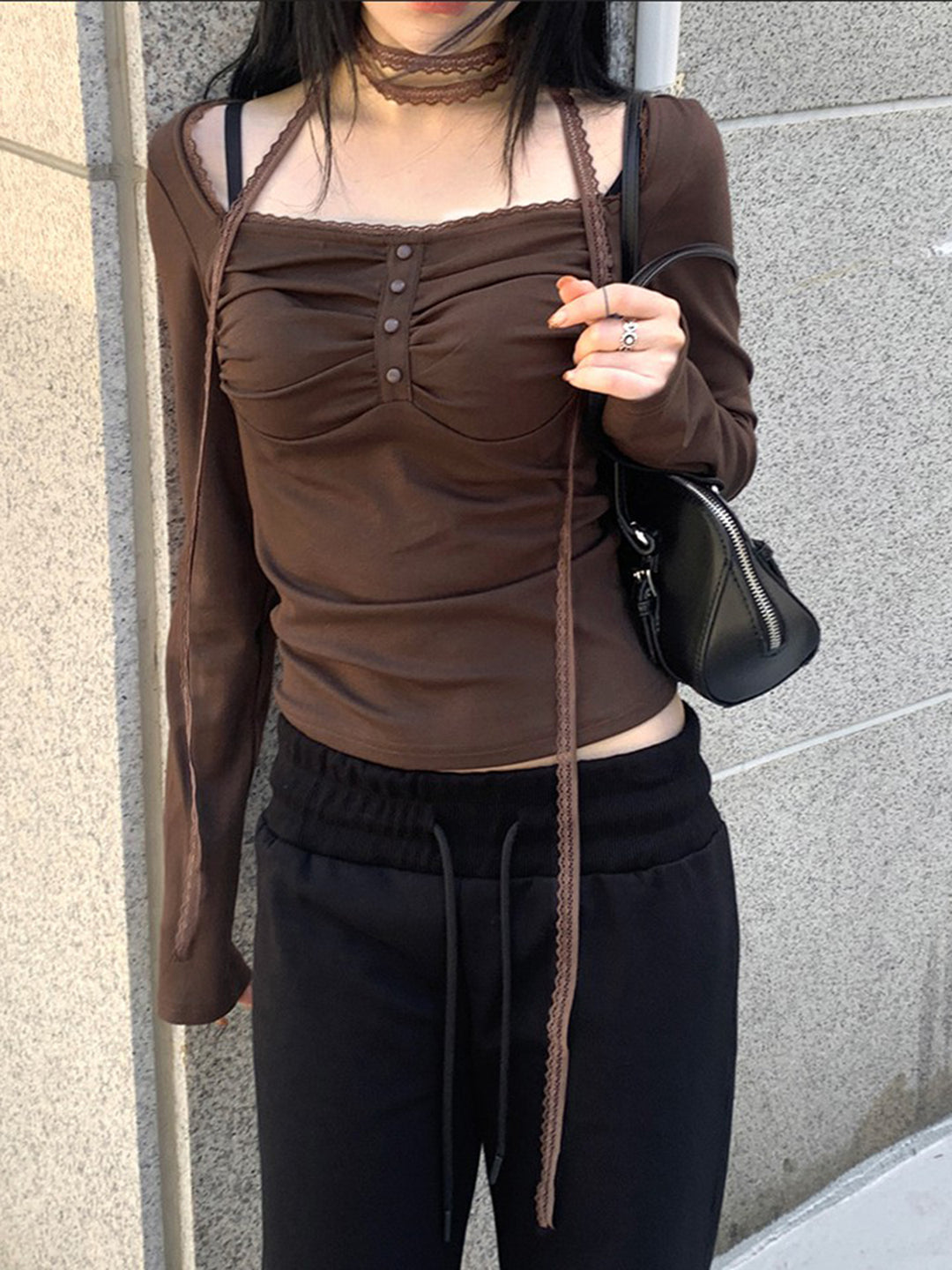 Brown Full Sleeves Fitted Top