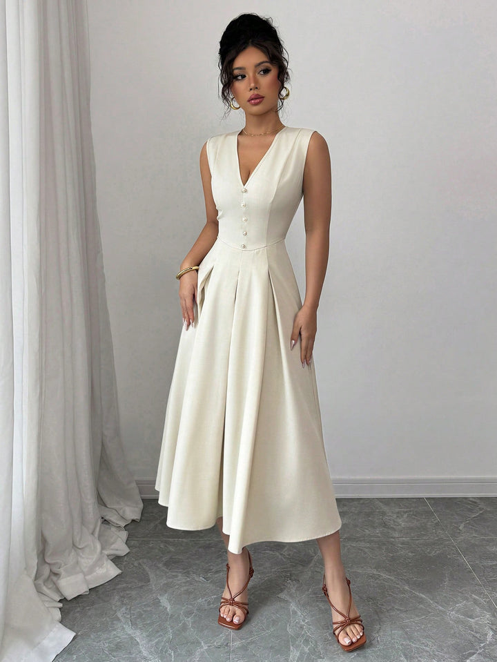Off White Sleeveless V-Neck Dress