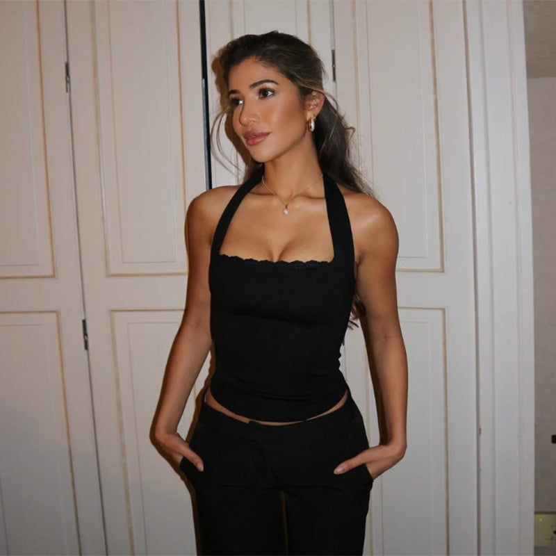 Black Halter Neck Fitted Top