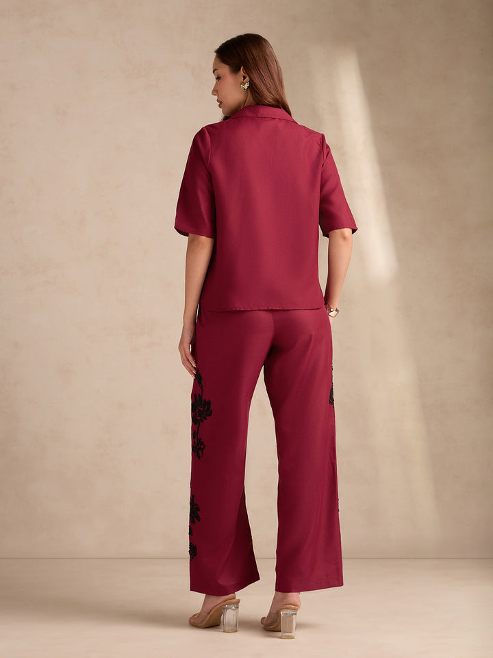 Red Coord Set With Relaxed Fit Embroidered Top & Wide Leg Trouser