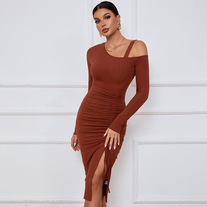 Brown Full Sleeve Cold Shoulder Front Ruched Dress