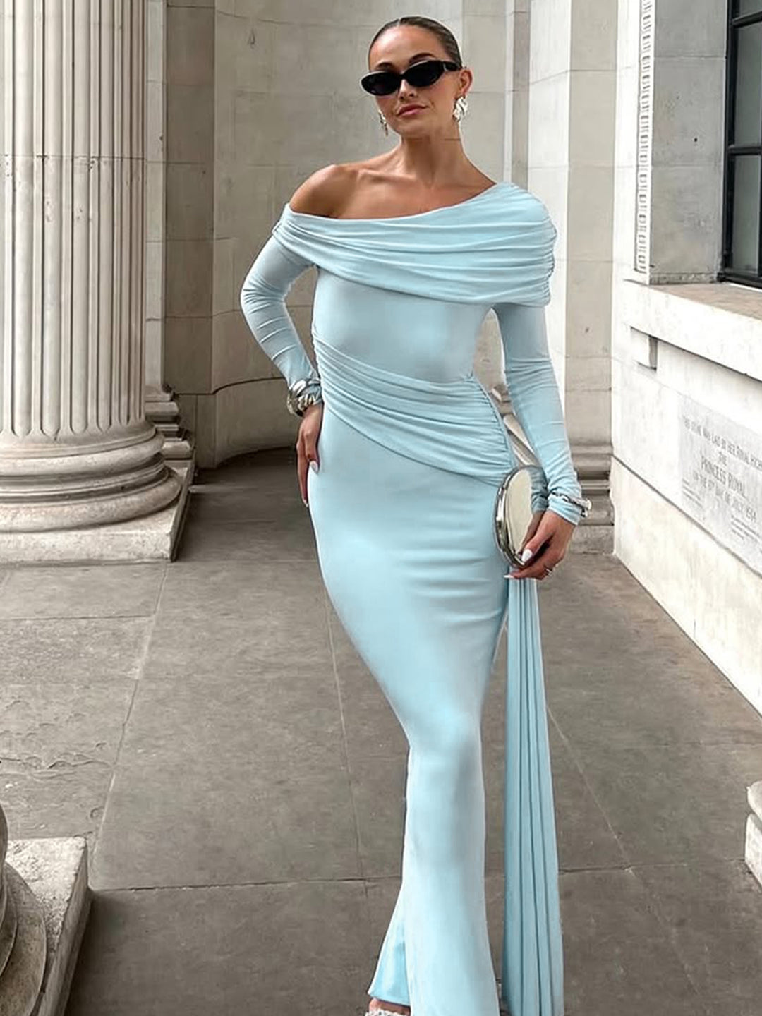 Blue One shoulder cowl neck side wrap dress