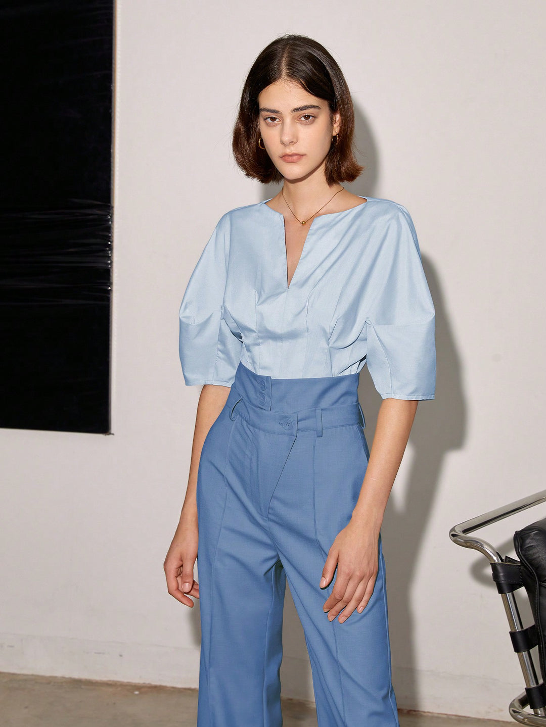 Blue High Waist Side Button Pant