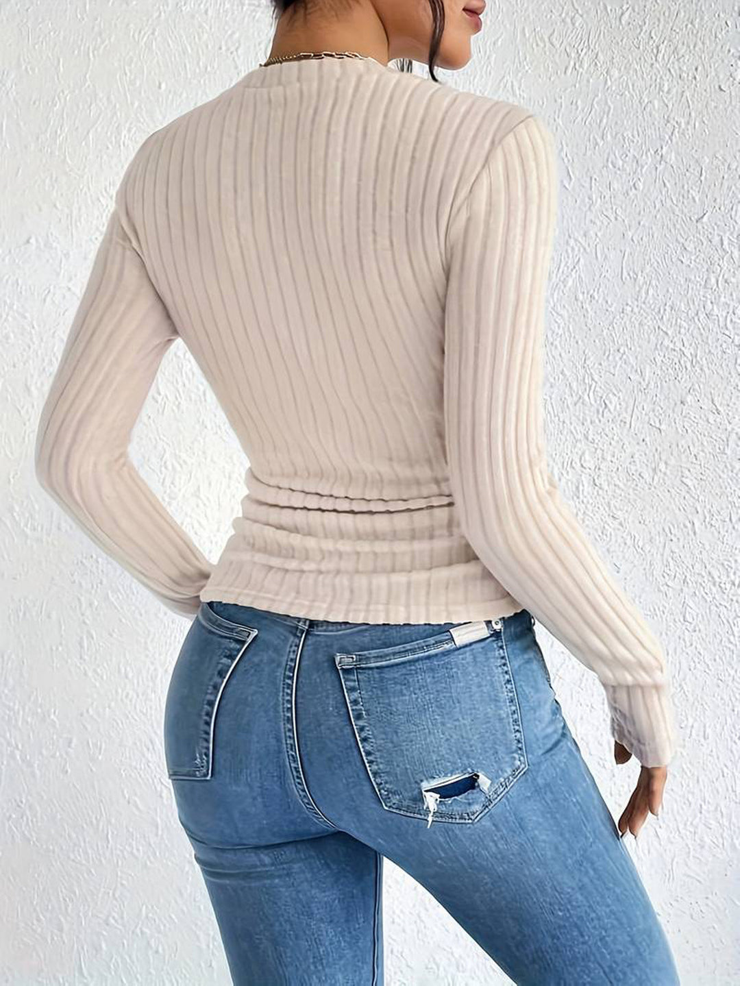 Cream High Neck Wide Space Rib Top