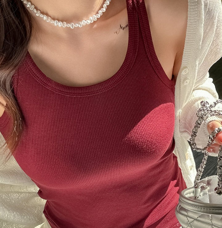 Burgundy Scoop Neck Ribbed Tank Top