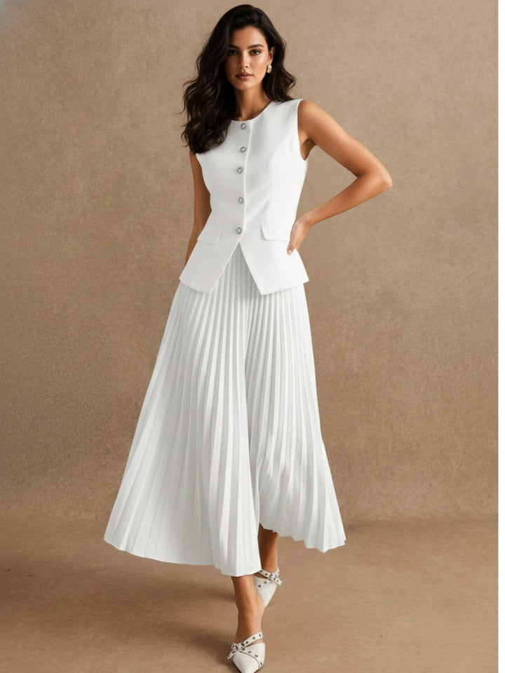 White Sleeveless Fitted Vest & Pleated Skirt Set