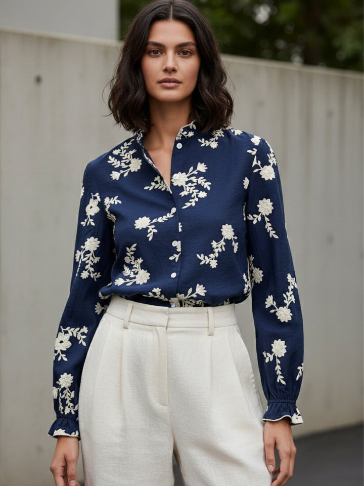 Navy Blue Bishop Sleeve Front Buttoned Embroidered Top