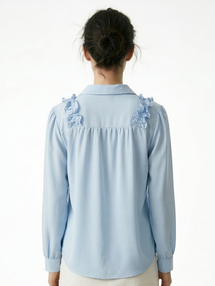 Light Blue Ruffle Detail Collared Top