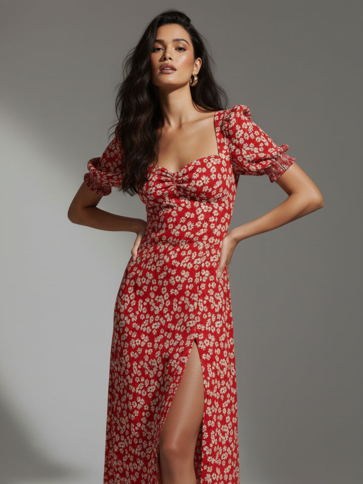Red Sweetheart Neckline Printed Puff Sleeves Dress
