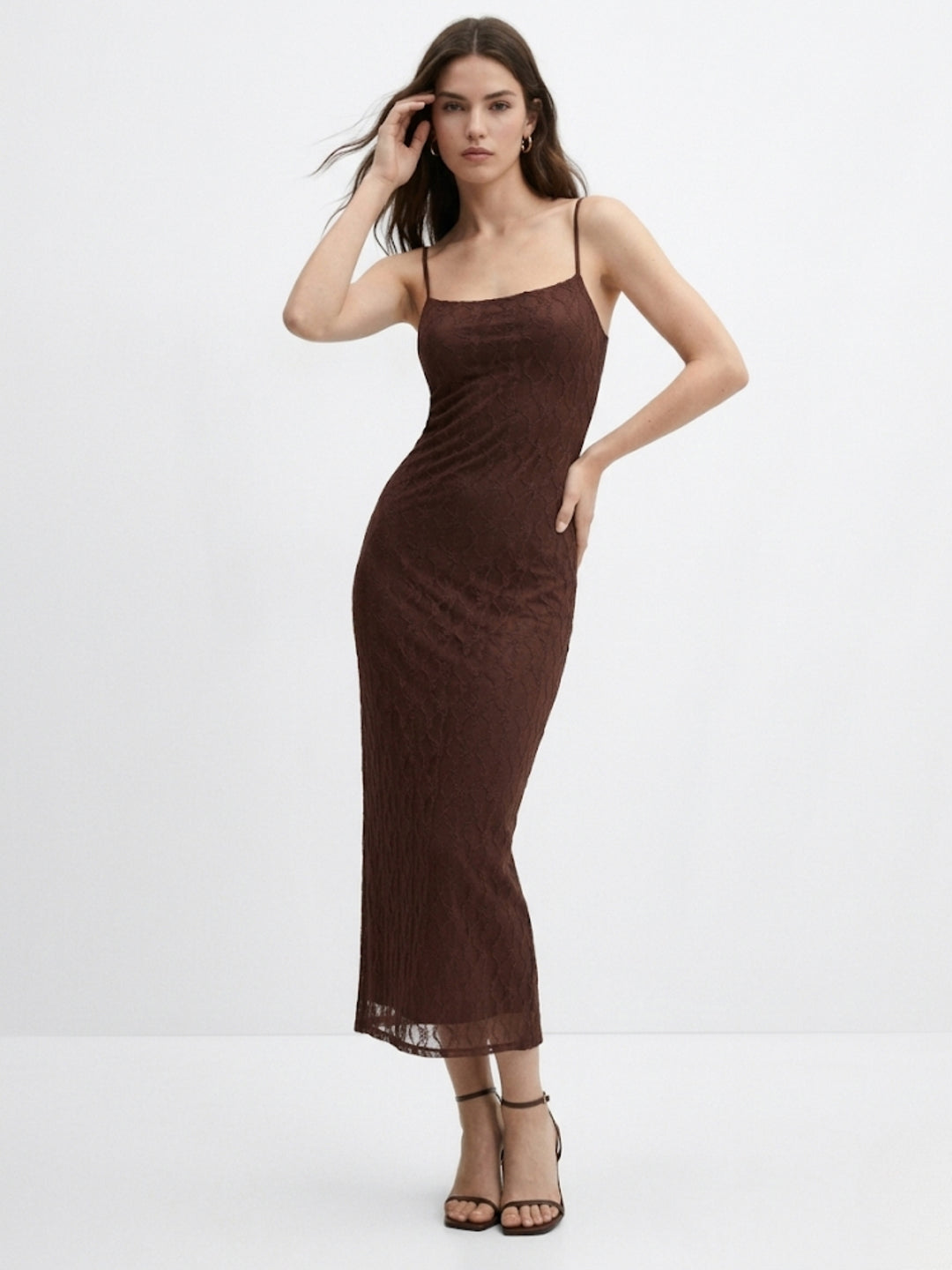 Brown Spaghetti Strap Textured Dress