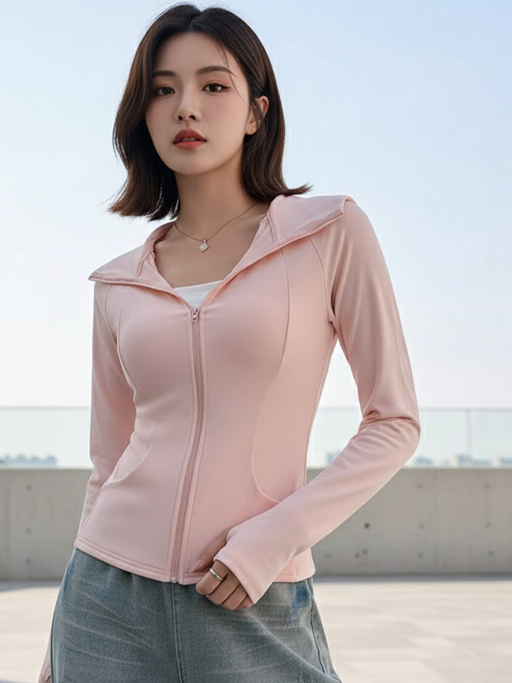 Pink Full Sleeves Front Zip Hooded Jacket