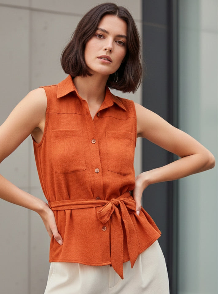 Rust Sleeveless Shirt With Pocket And Tie Up Detail