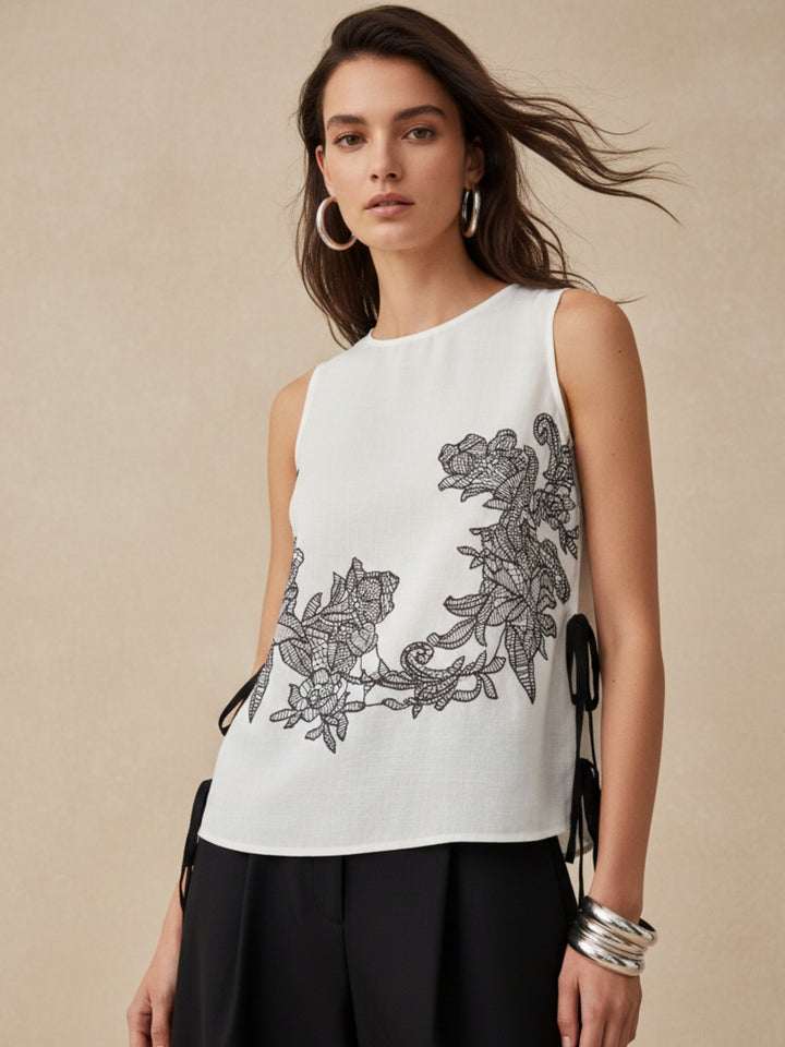 Off White Printed Floral Bouse With Tie  Up Bow Detail