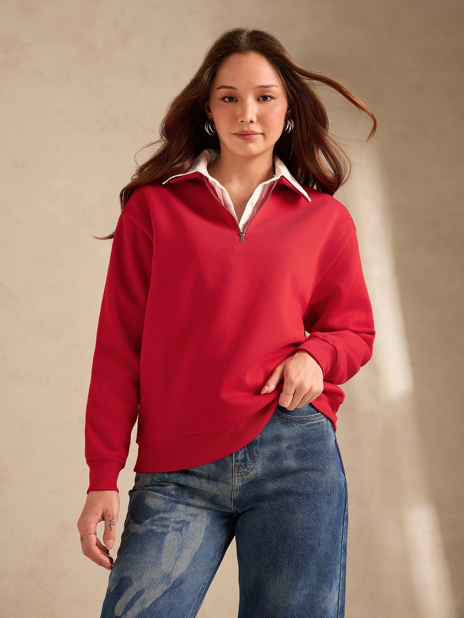 Red Plush Russian Fleece Zip-Up Sweatshirt