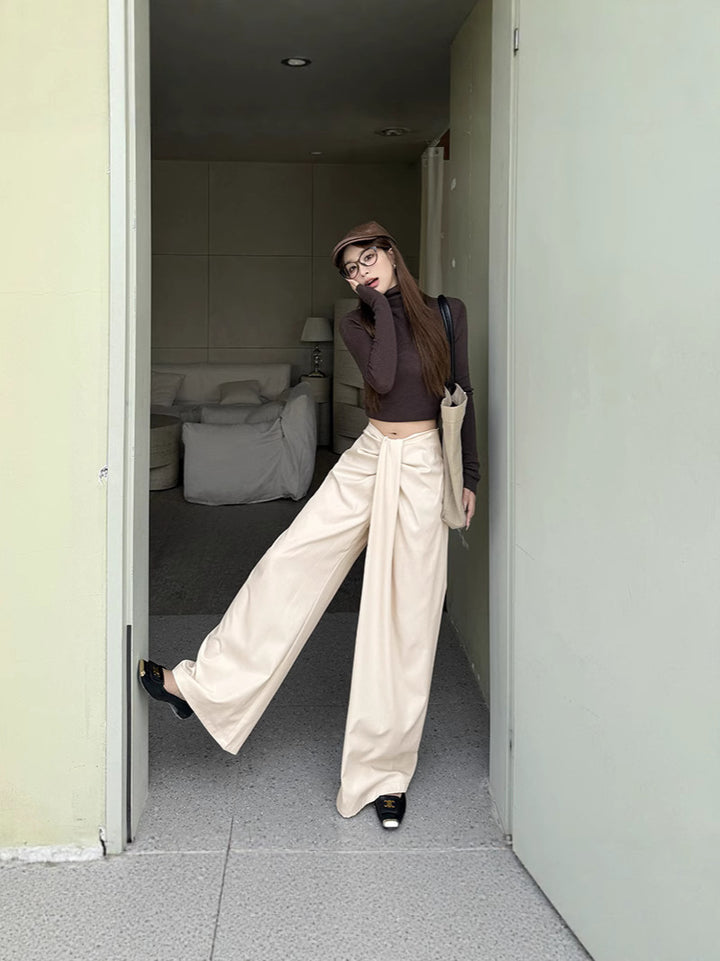 Cream Pleated Wide Leg Pants