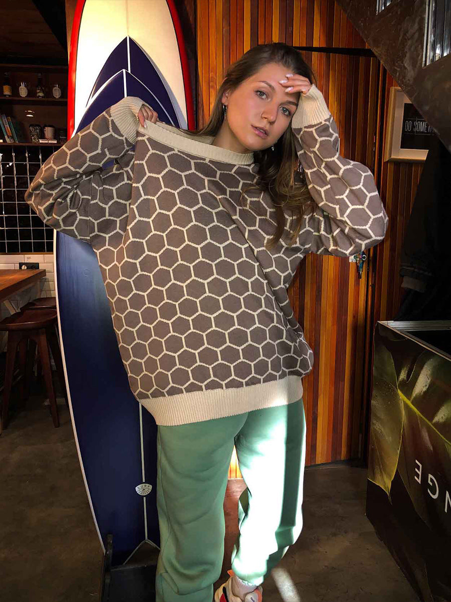 Brown Oversized Honey Comb Printed Sweater