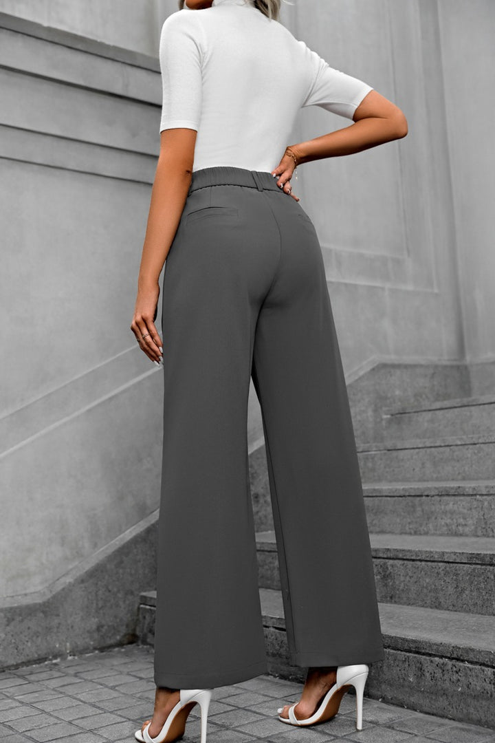 Grey  Waist Band Pleated Straight Fit Pants