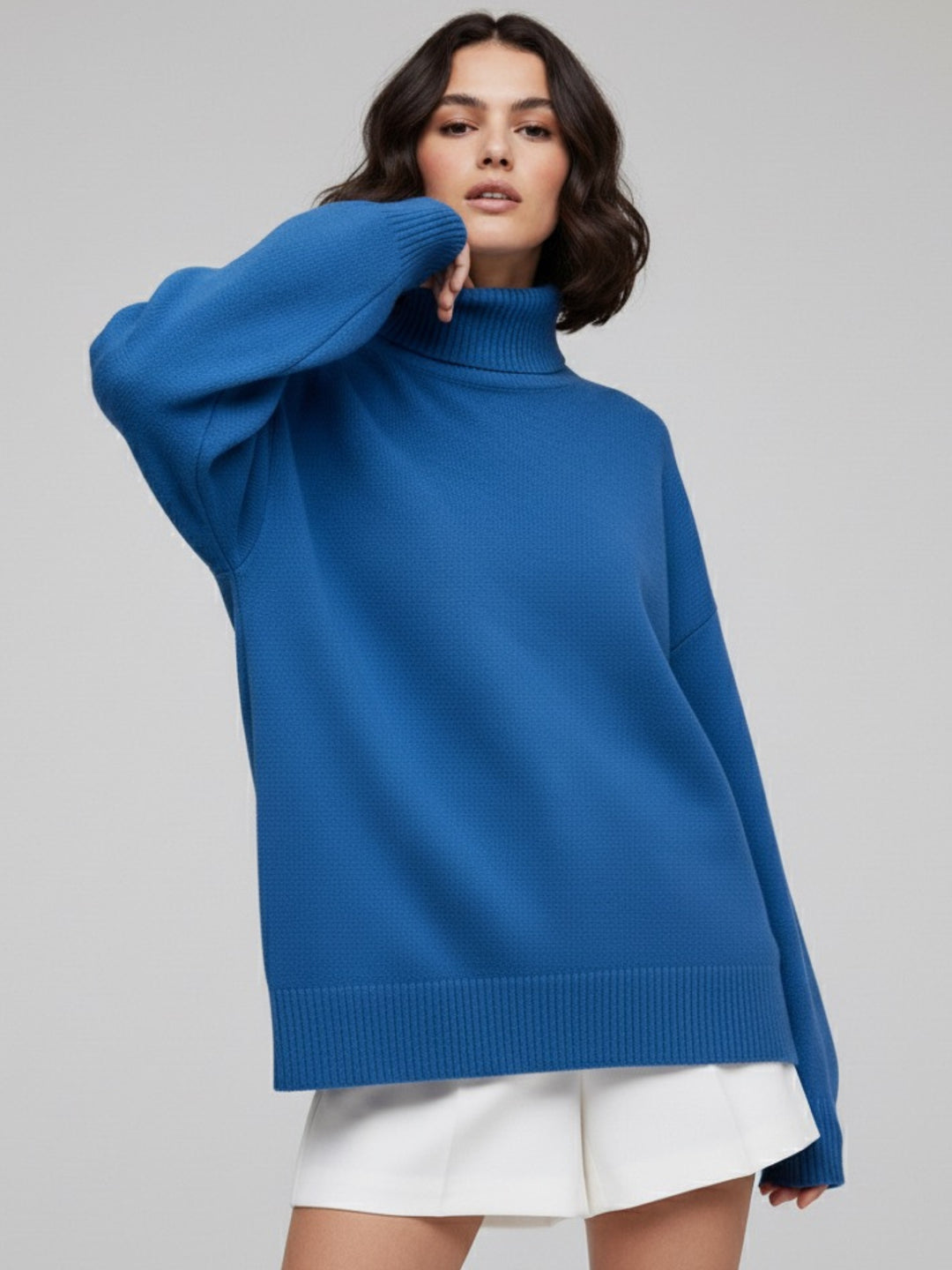 Blue Turtle Neck Oversized Solid Sweater