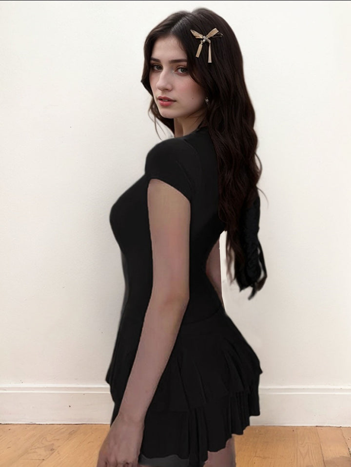 Black Short Sleeve Fringes Attached Dress