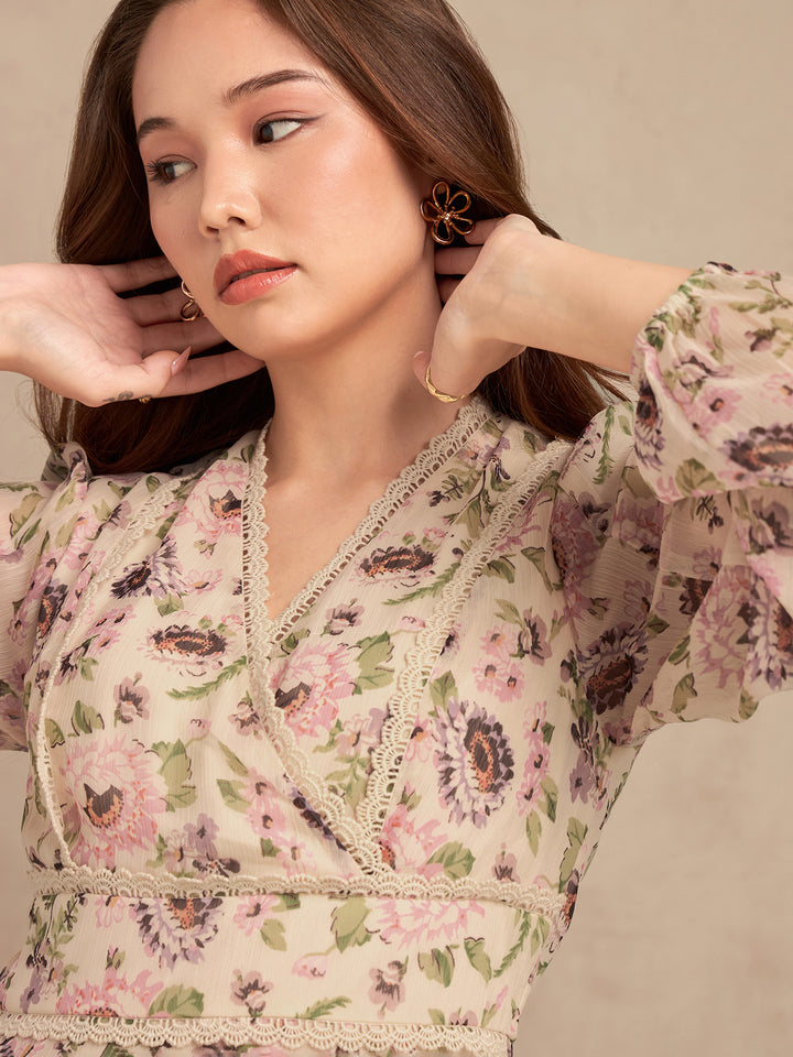 Multi Floral Printed Dress With Lace Detailing