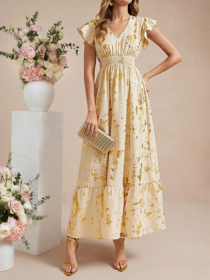 Cream Ruffle Sleeve V Neck Printed Dress