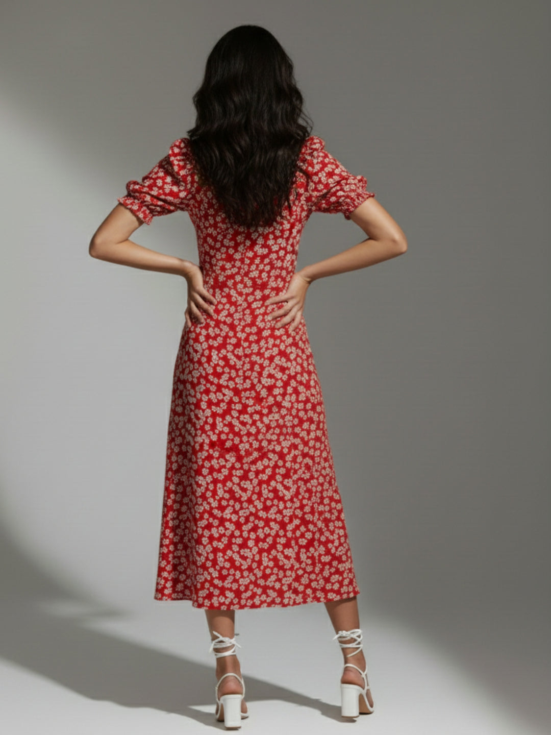 Red Sweetheart Neckline Printed Puff Sleeves Dress