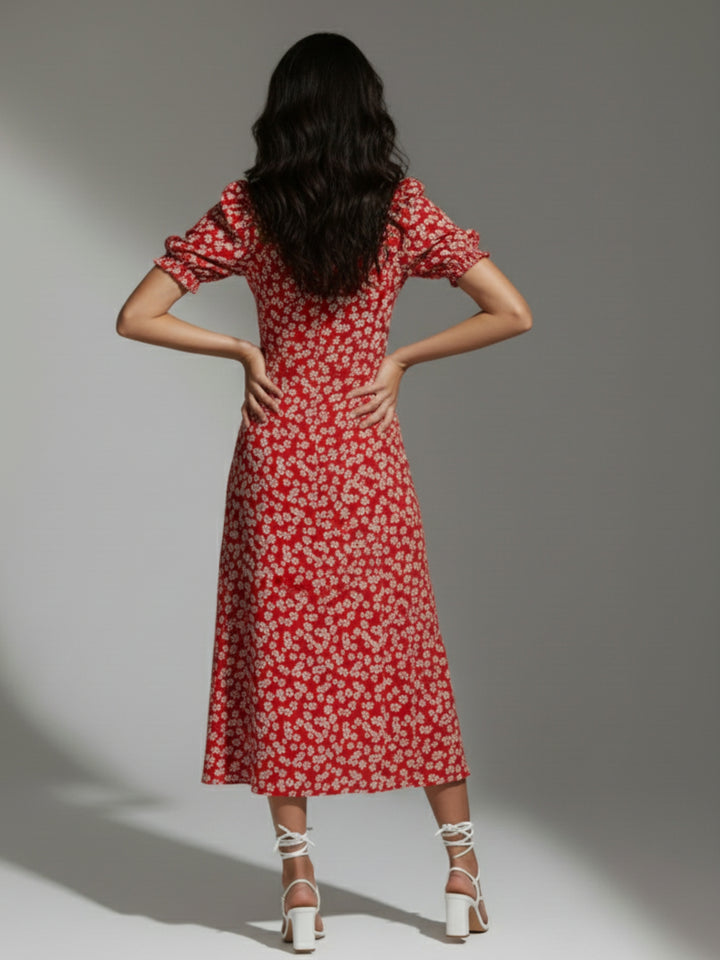 Red Sweetheart Neckline Printed Puff Sleeves Dress