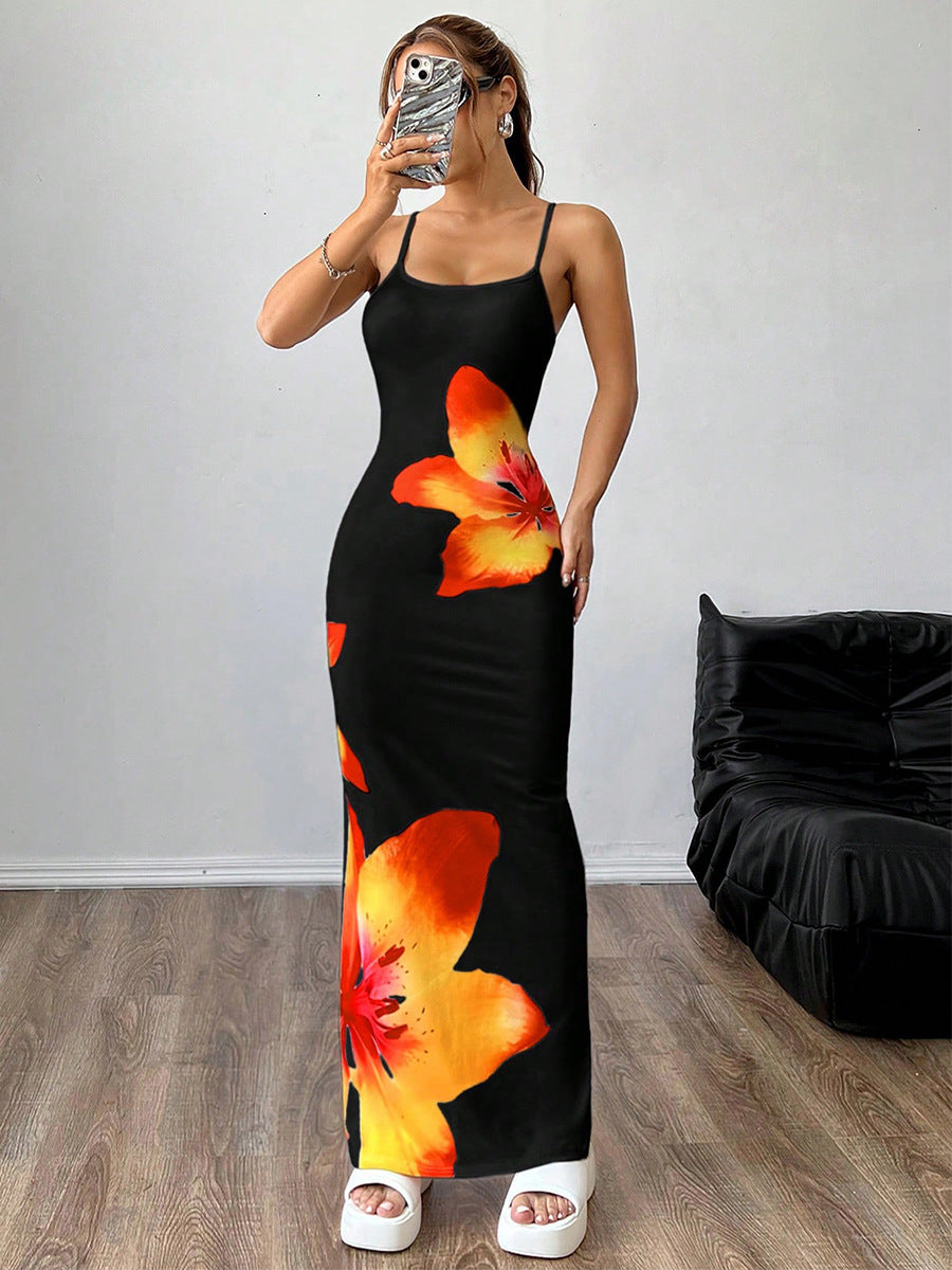 Black Strappy Bold Floral Printed Bodycon Dress