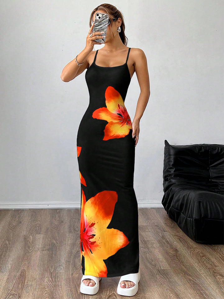 Black Strappy Bold Floral Printed Bodycon Dress
