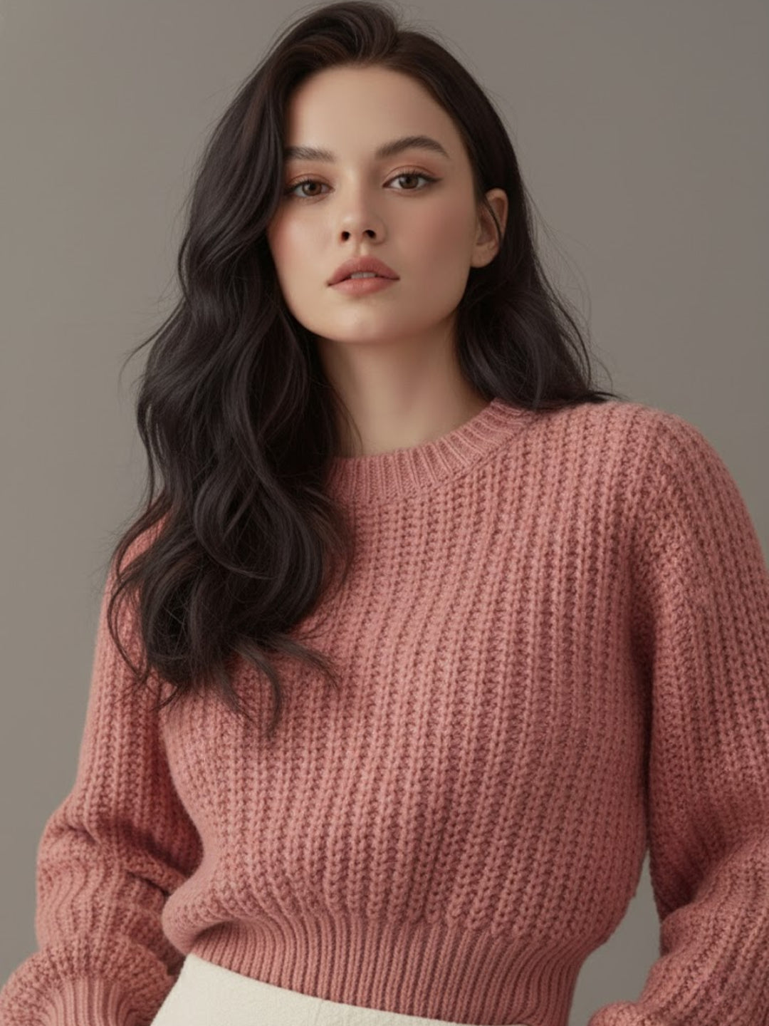 Pink Puff Sleeve High Neck Plain Chunky Sweater